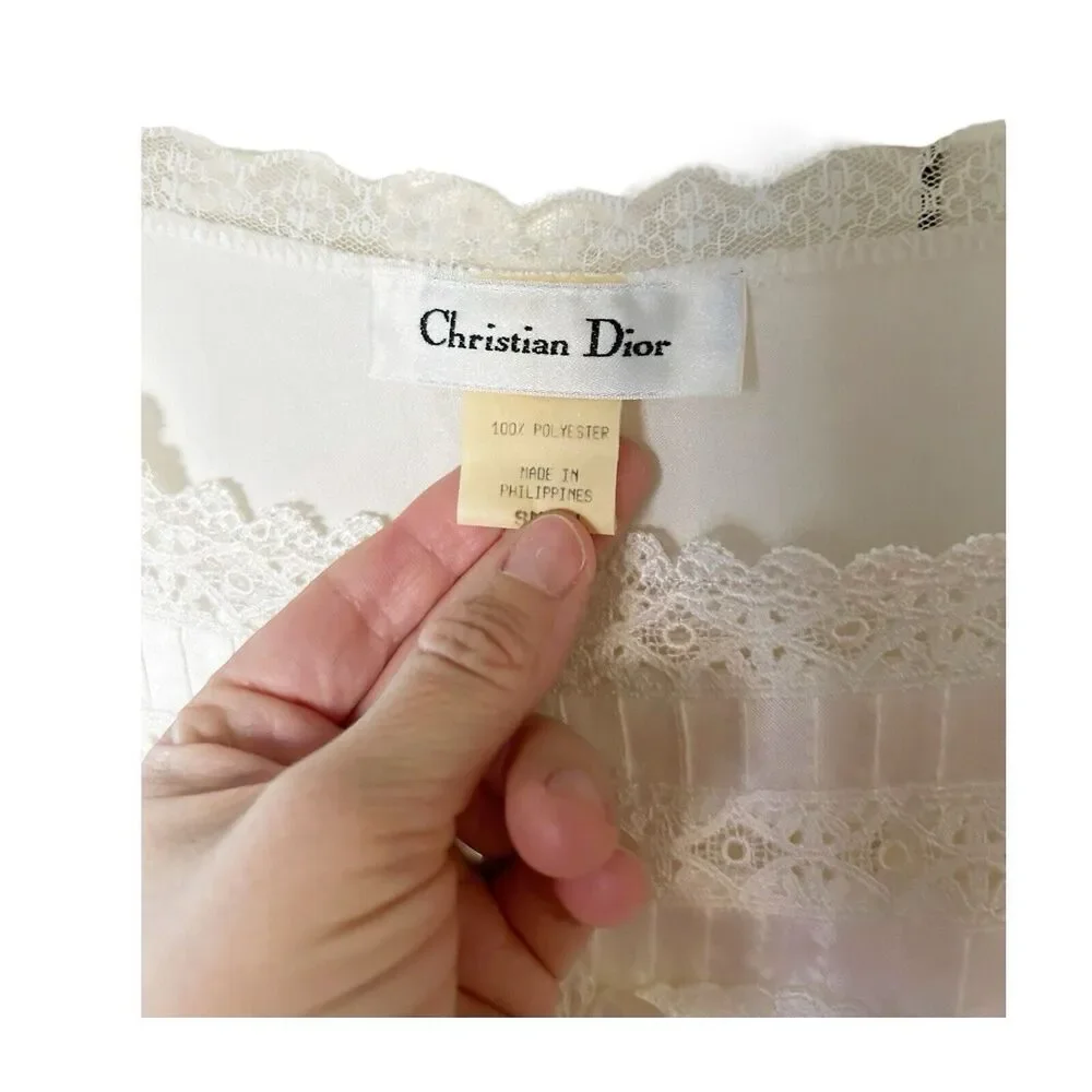 B26 Christian Dior Nightgown Satin Full Length Lace Trim White Small - Picture 6 of 6